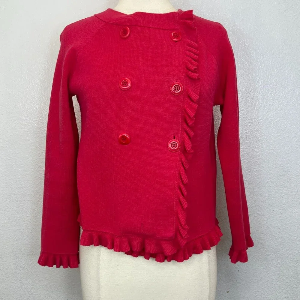 J CREW‎ Womens Pinkish Red Cardigan Sweater DOUBLE BREASTED Ruffled size Medium